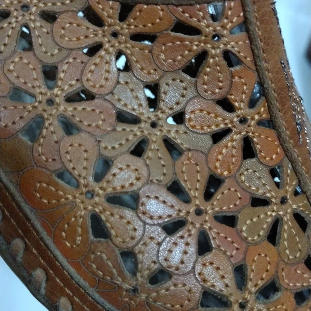 Pikolinos Floral Laser Cut Tan Leather Slingback Sandals US 6 Boho Summer Chic - Picture 8 of 15